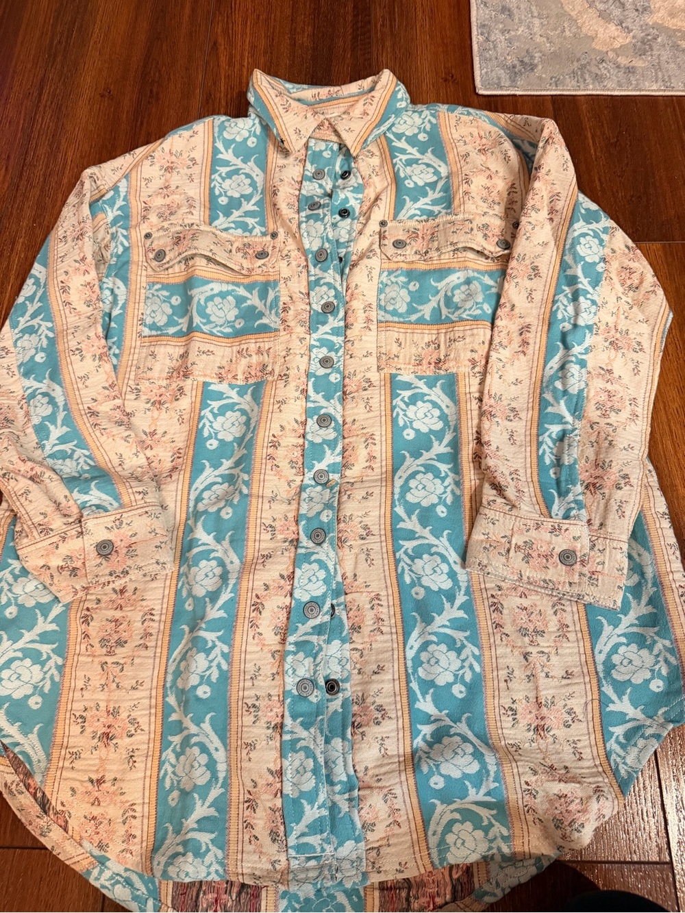 We The Free Teal and Cream Floral Stripe Button-Down Shirt